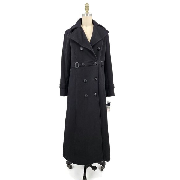 New DKNY Full Length Double Breasted Cashmere Coat Womens 10 Black
